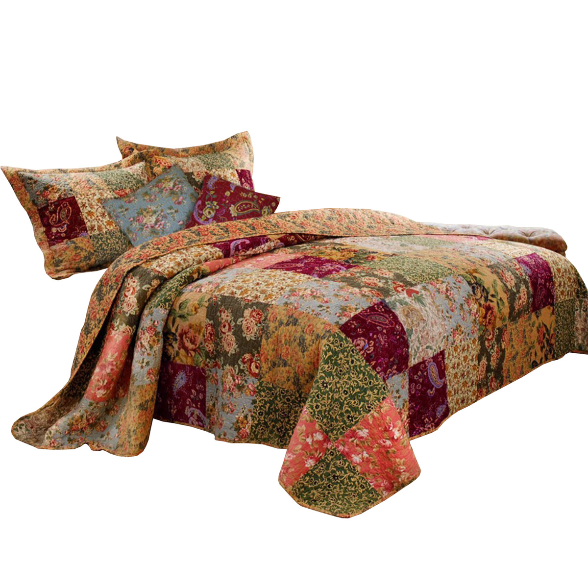 Kamet 5 Piece Fabric King Size Quilt Set With Floral Prints, Multicolor