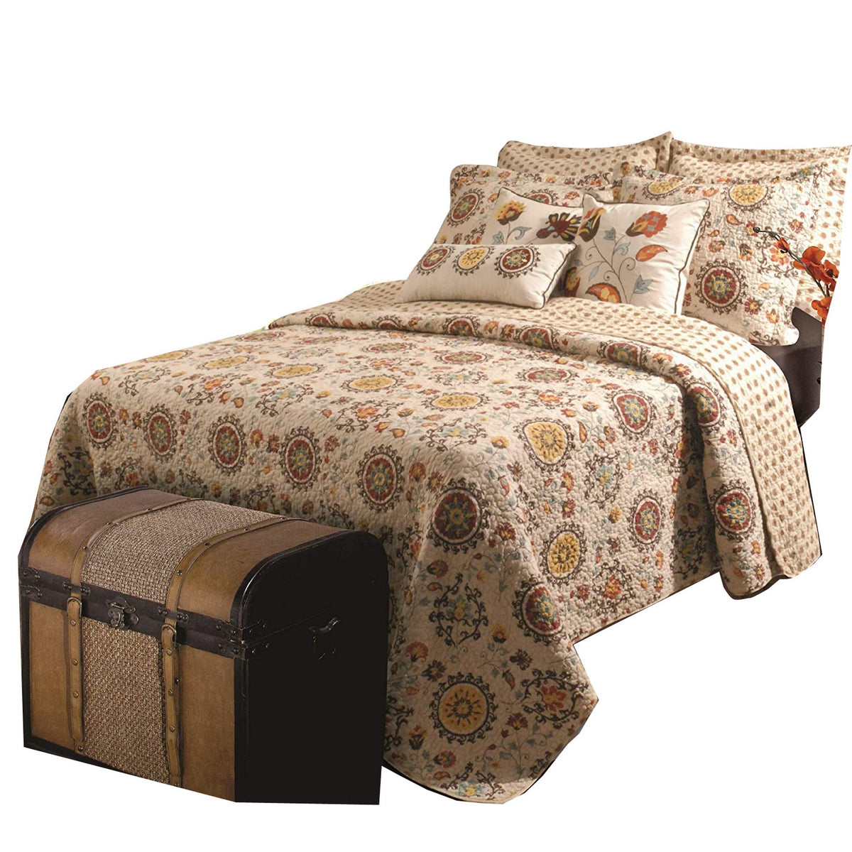 Elbe 5 Piece Queen Quilt Set With Medallion And Floral Pattern, Beige And Brown