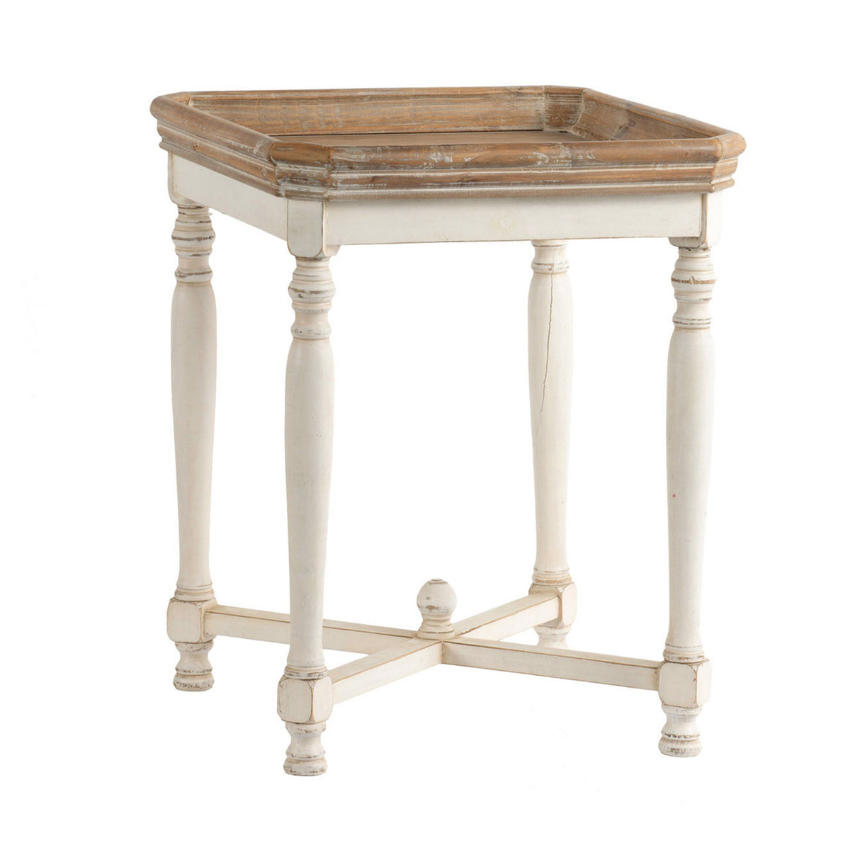 Square Shaped Wooden Side Table With Cross Base, Brown & Gray