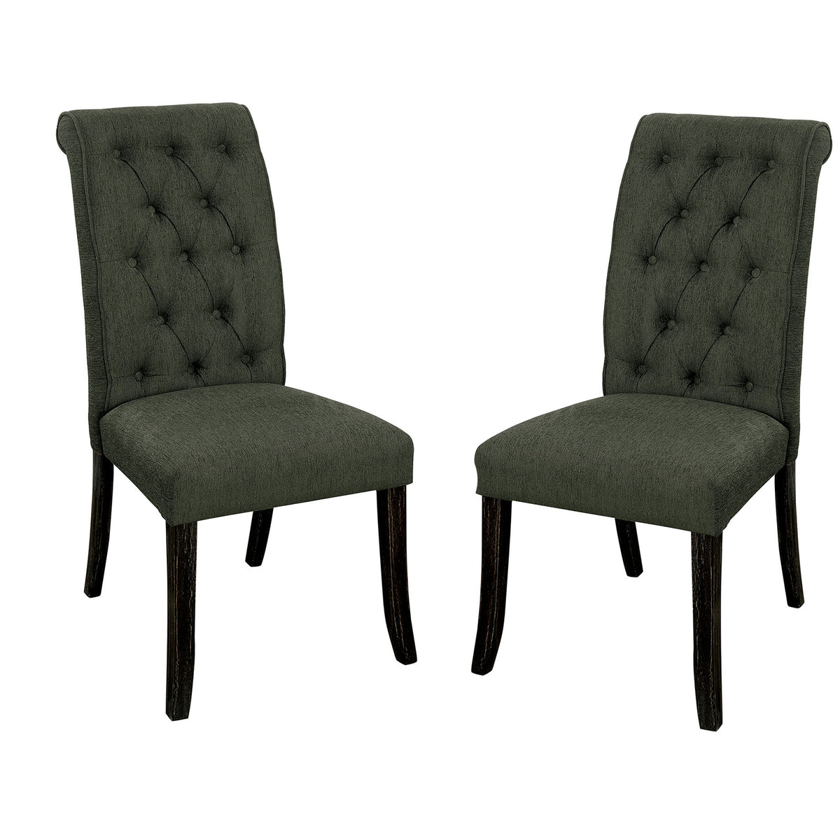 Button Tufted Wooden Fabric Upholstered Side Chair, Gray, Pack Of Two