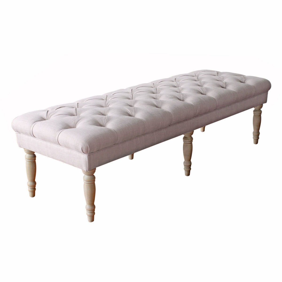 Wooden Bench With Button Tufted Fabric Upholstered Seat And Turned Legs, Cream