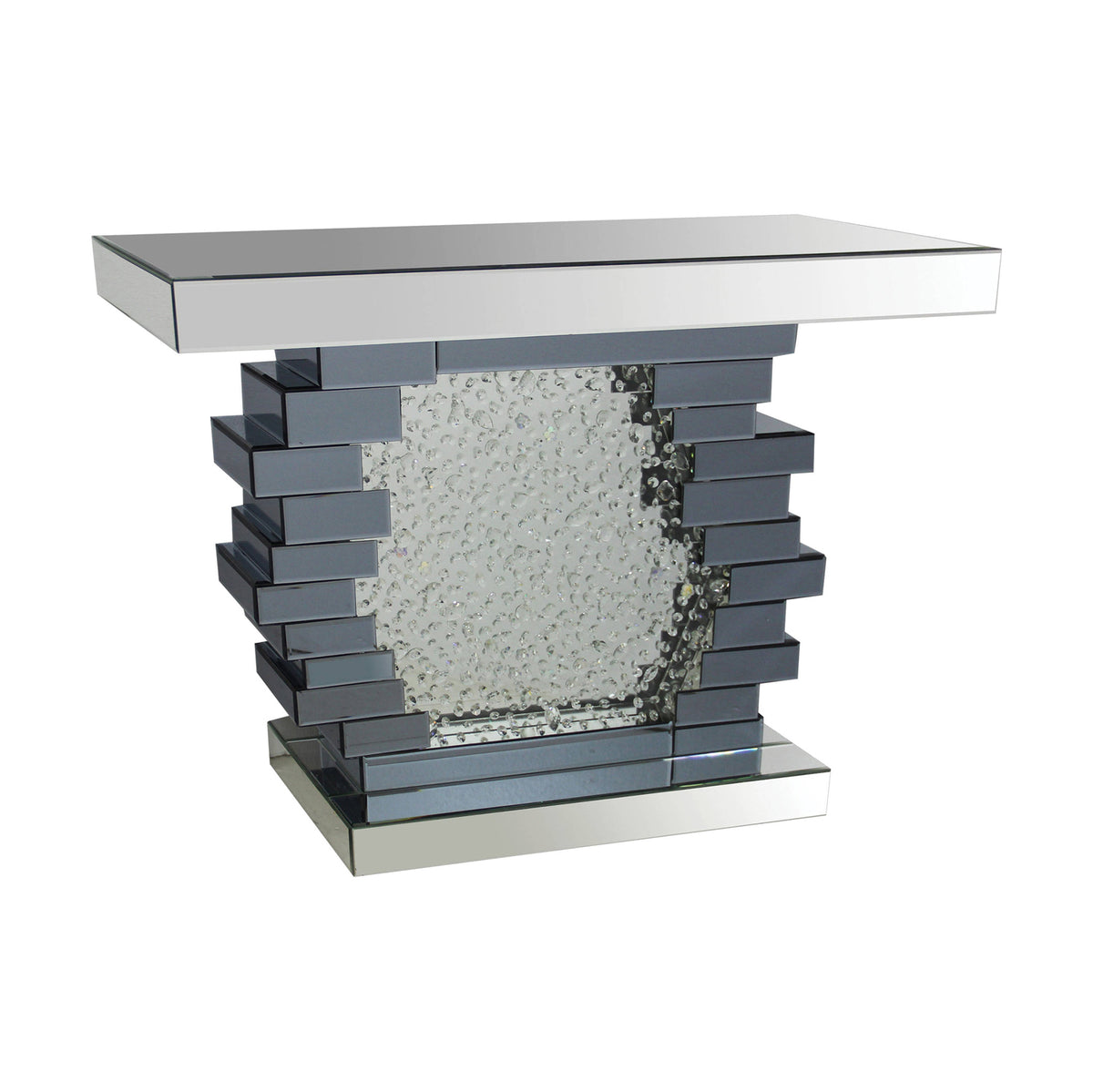 Wood And Mirror Console Table With Studded Faux Crystals, Black And Clear