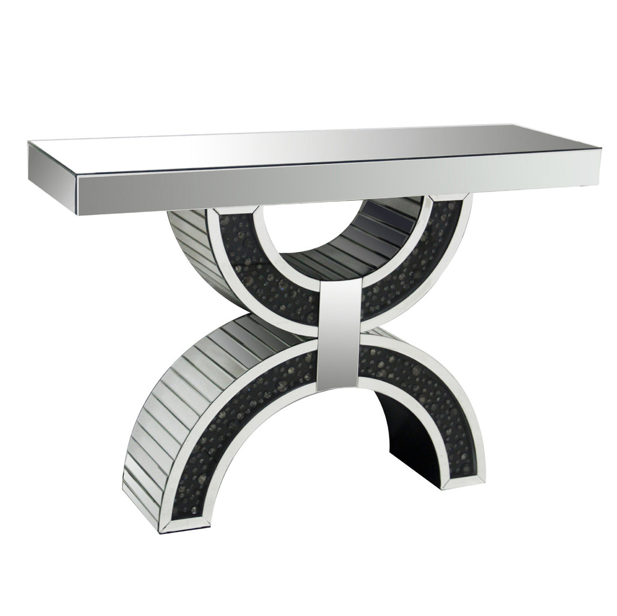 Wood And Mirror  Console Table With Geometric Style Base, Clear And Black