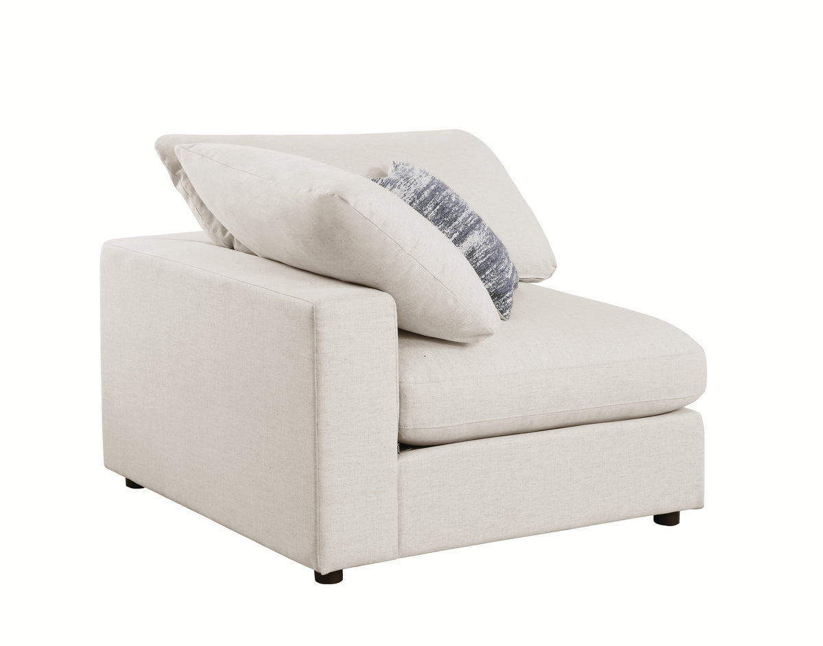 Fabric Upholstered Wooden Corner Chair With Loose Cushion Seat And Small Feet, Beige