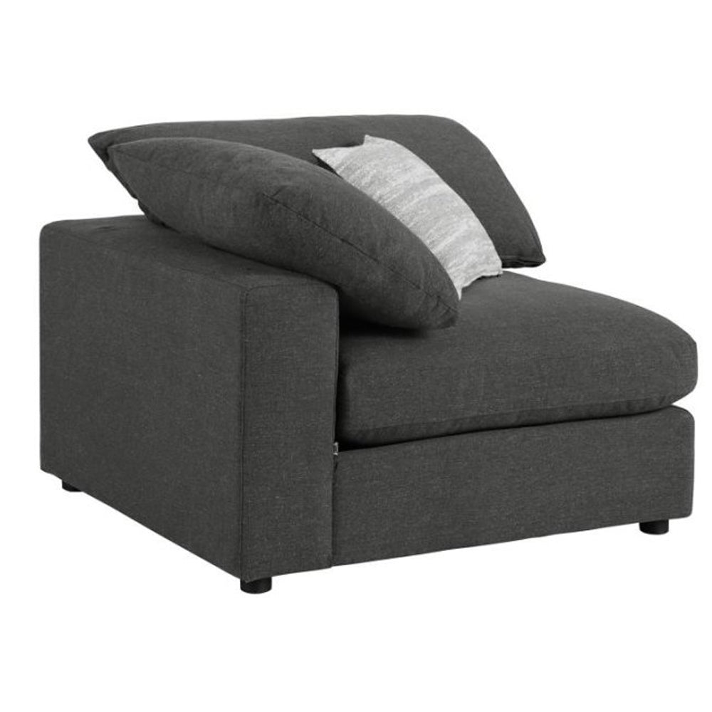 Fabric Upholstered Wooden Corner Chair With Loose Cushion Seat And Small Feet, Dark Gray