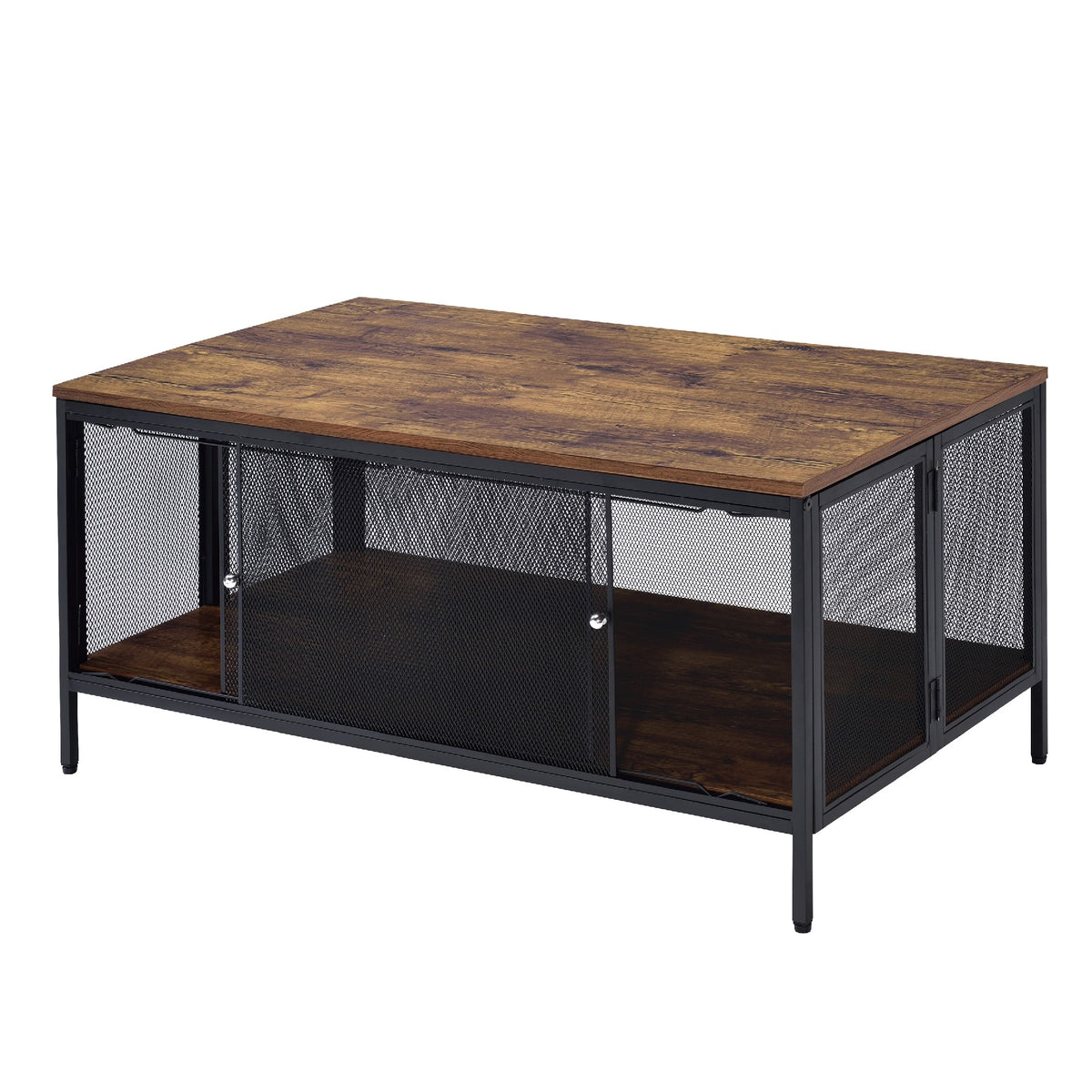 Metal Coffee Table With 1 Bottom Shelf And Mesh Design, Brown And Gray