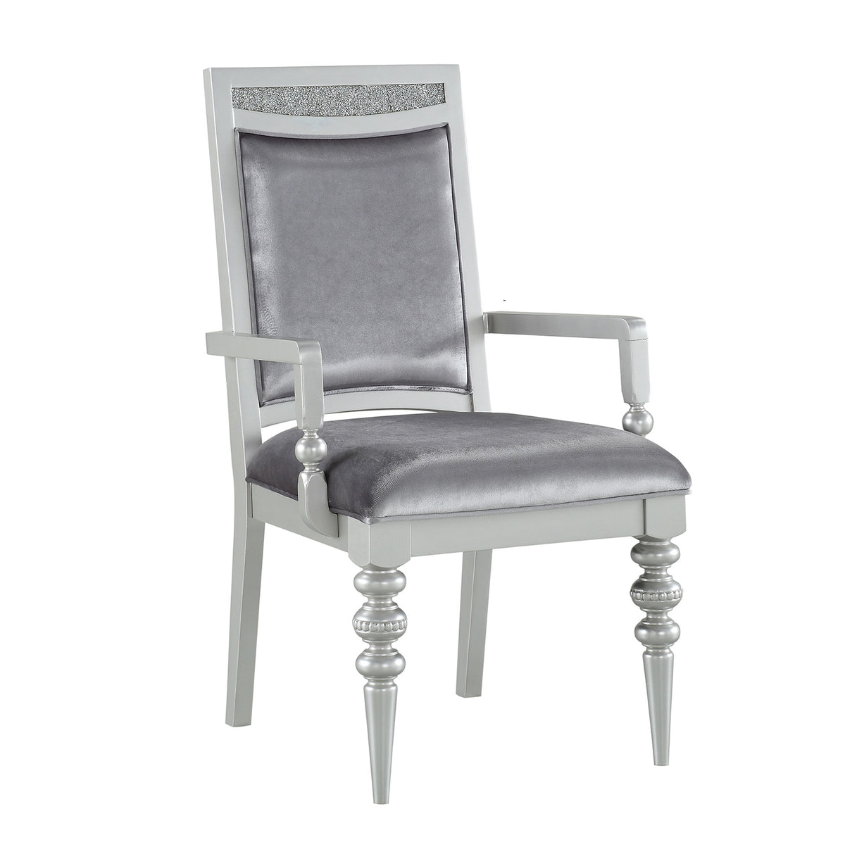 Crystal Inlaid Fabric Upholstered Wooden Arm Chair, Set Of 2, Silver