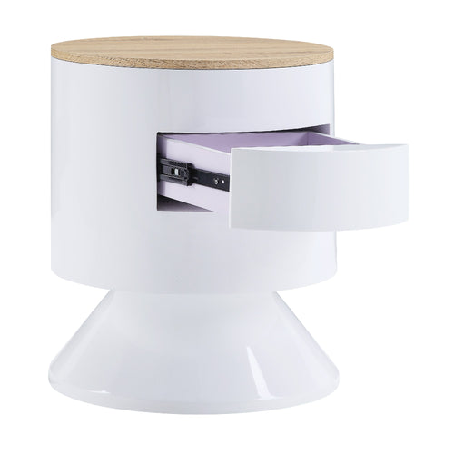 1 Drawer Pyramidal Base Circular Wooden Night Table, White And Brown
