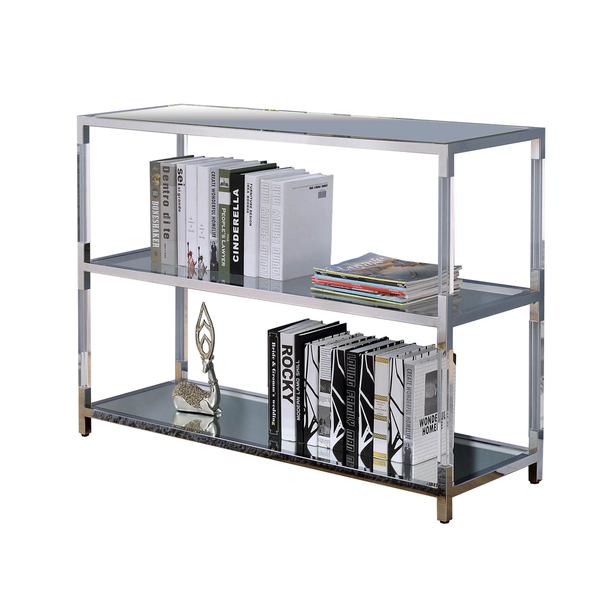 Metal And Glass Sofa Table With 2 Open Shelves, Silver And Clear