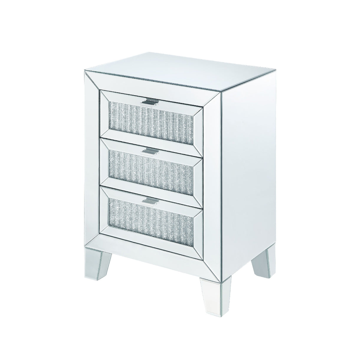 Contemporary Style Wooden Mirrored Night Table With 3 Drawers, Silver