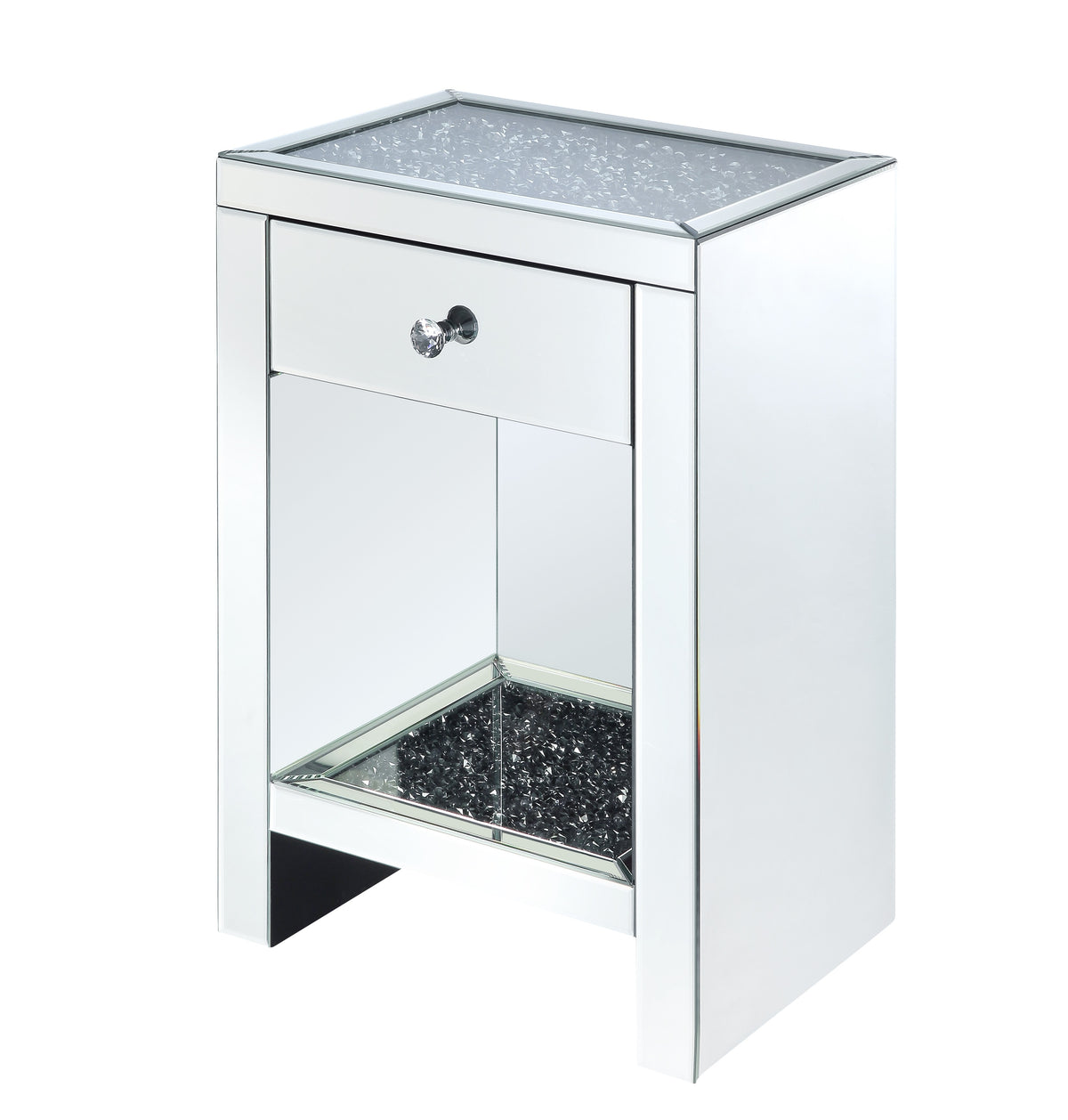 Mirrored Wooden Night Table With 1 Drawer And Bottom Shelf, Silver