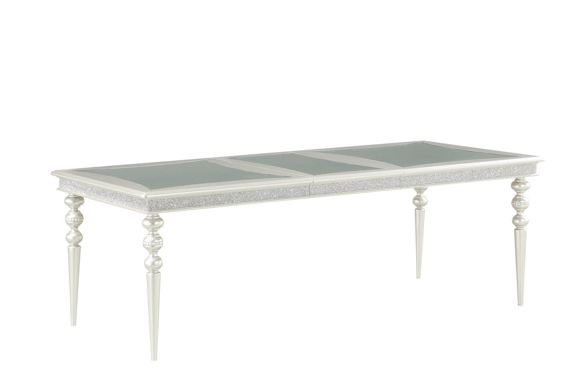 Sparkling Rectangular Dining Table With Rhinestone Inlay, Silver And Clear