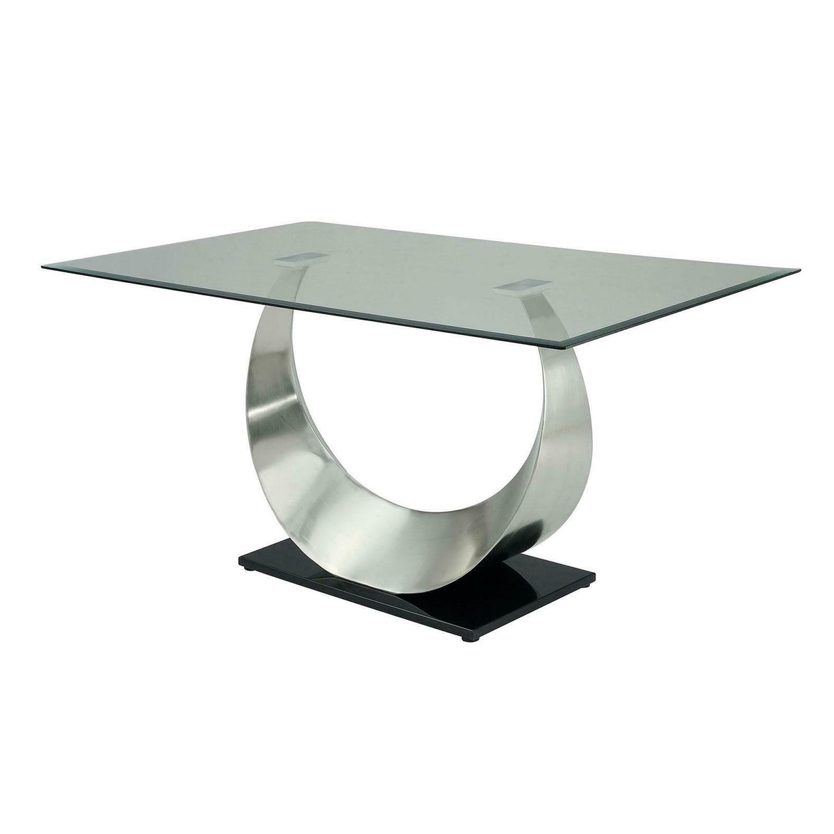 Metal And Glass Dining Table With Unique U Shape Pedestal Base, Chrome And Black
