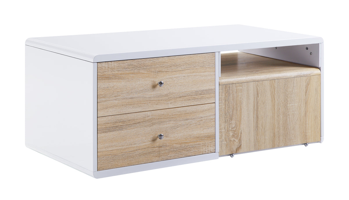 2 Drawer Contemporary Coffee Table With Pull Out Table, White And Brown
