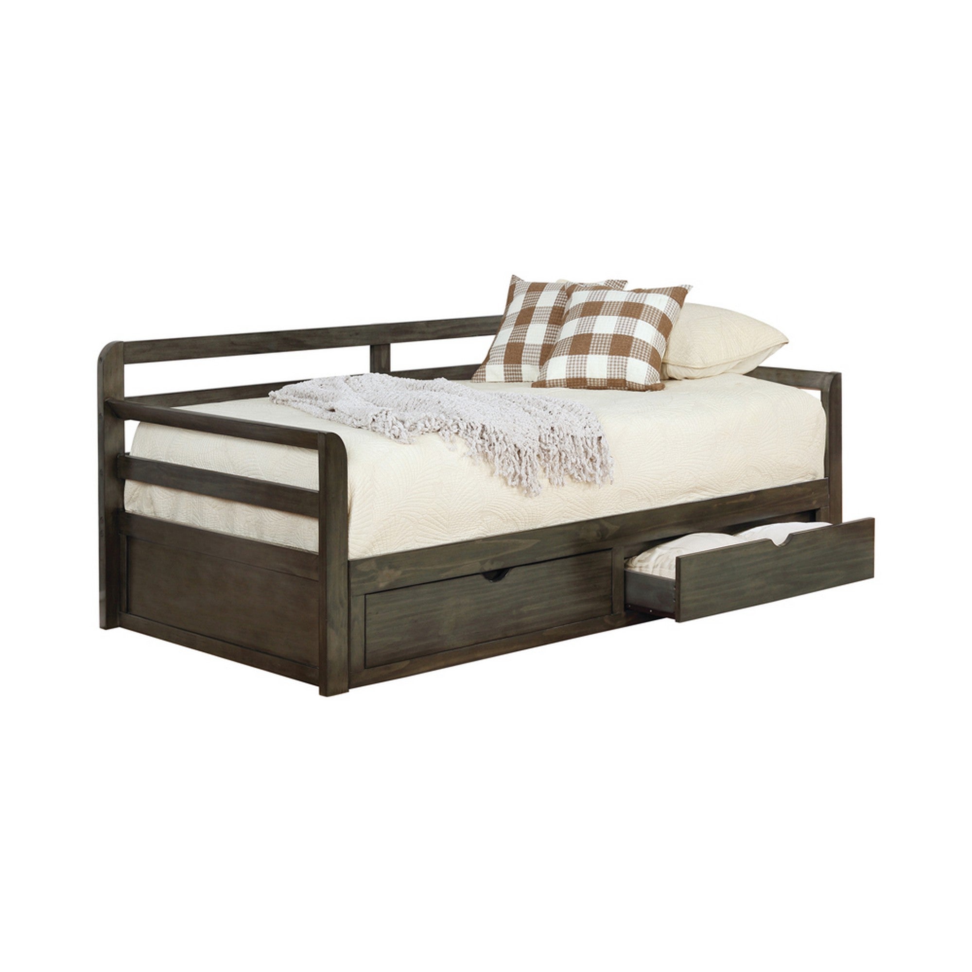 Two Drawer Wooden Extra Large Twin Size Bed with Trundle, Brown