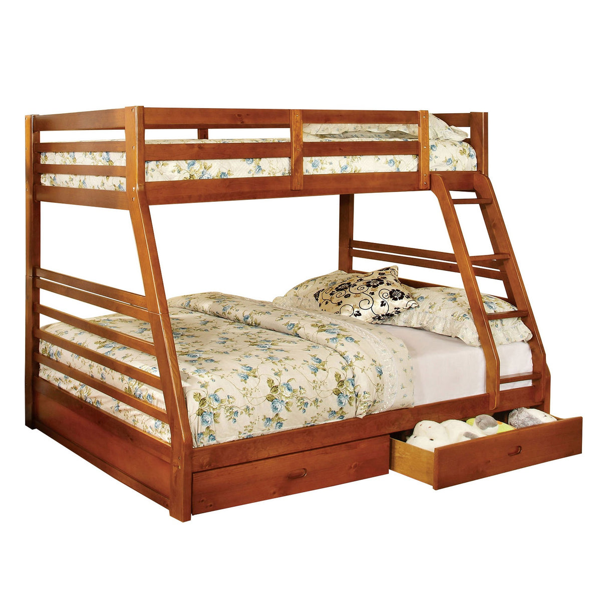 Transitional Style Twin Over Full Bunk Bed With Drawers, Oak Brown