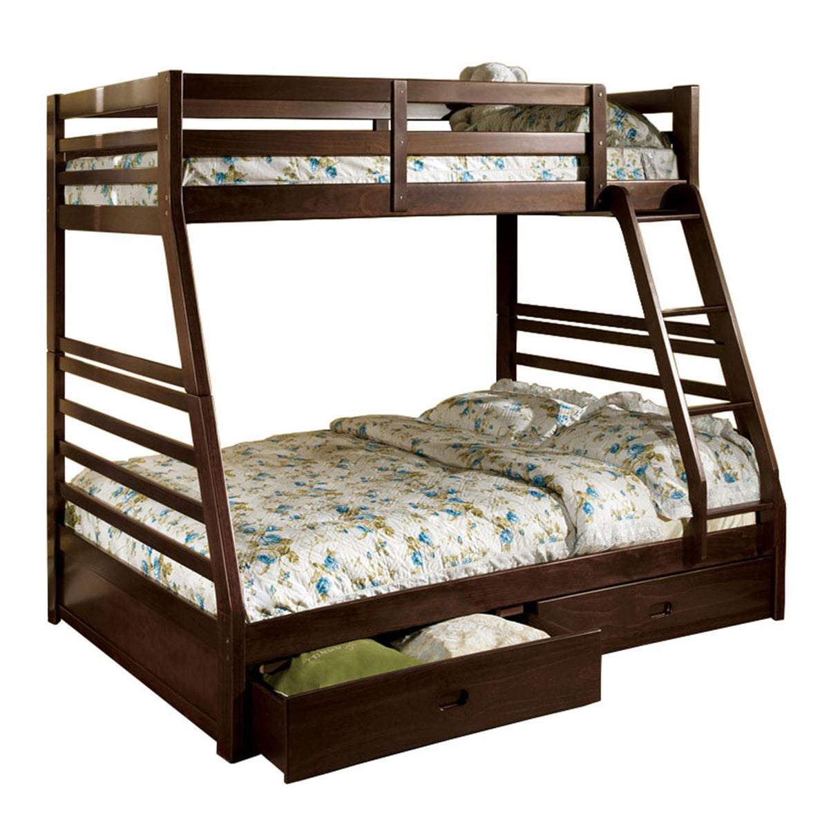 Transitional Style Twin Over Full Bunk Bed With Drawers, Walnut Brown