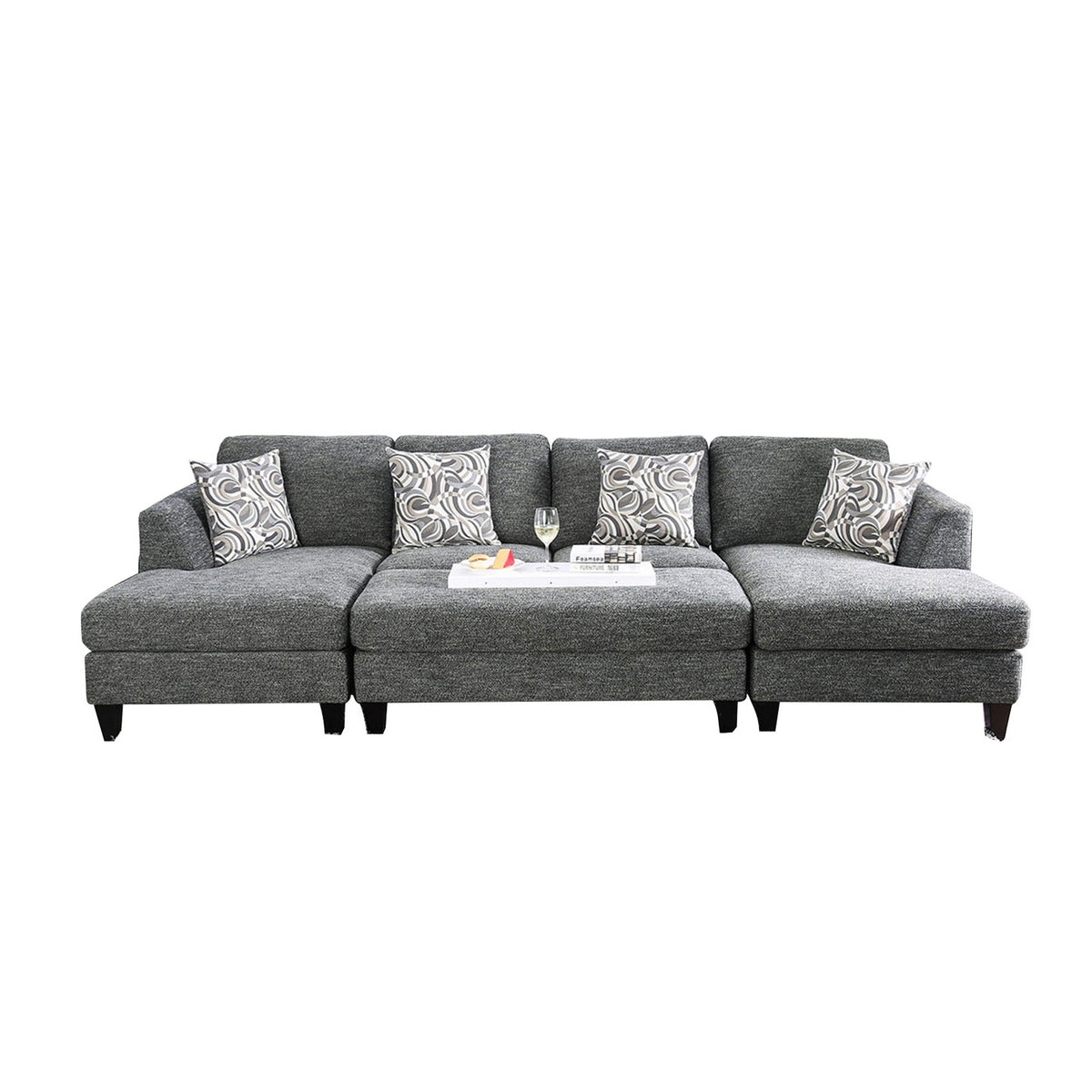 Wood And Fabric Sectional Set With Ottoman, Set Of 5, Gray