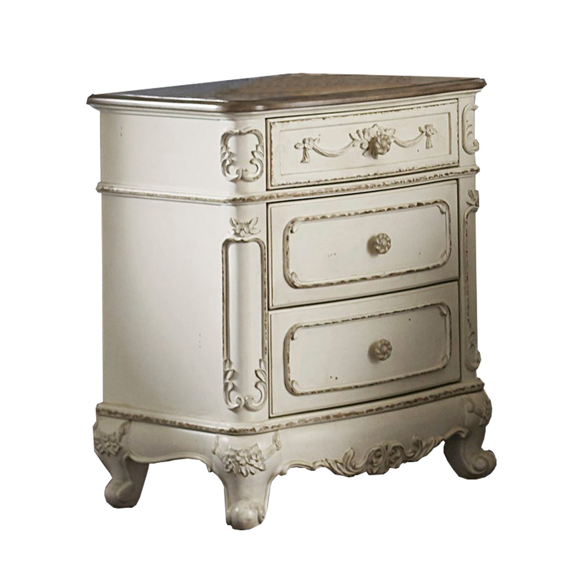 3 Drawer Nightstand With Floral Motif Carving Details, Antique White And Brown