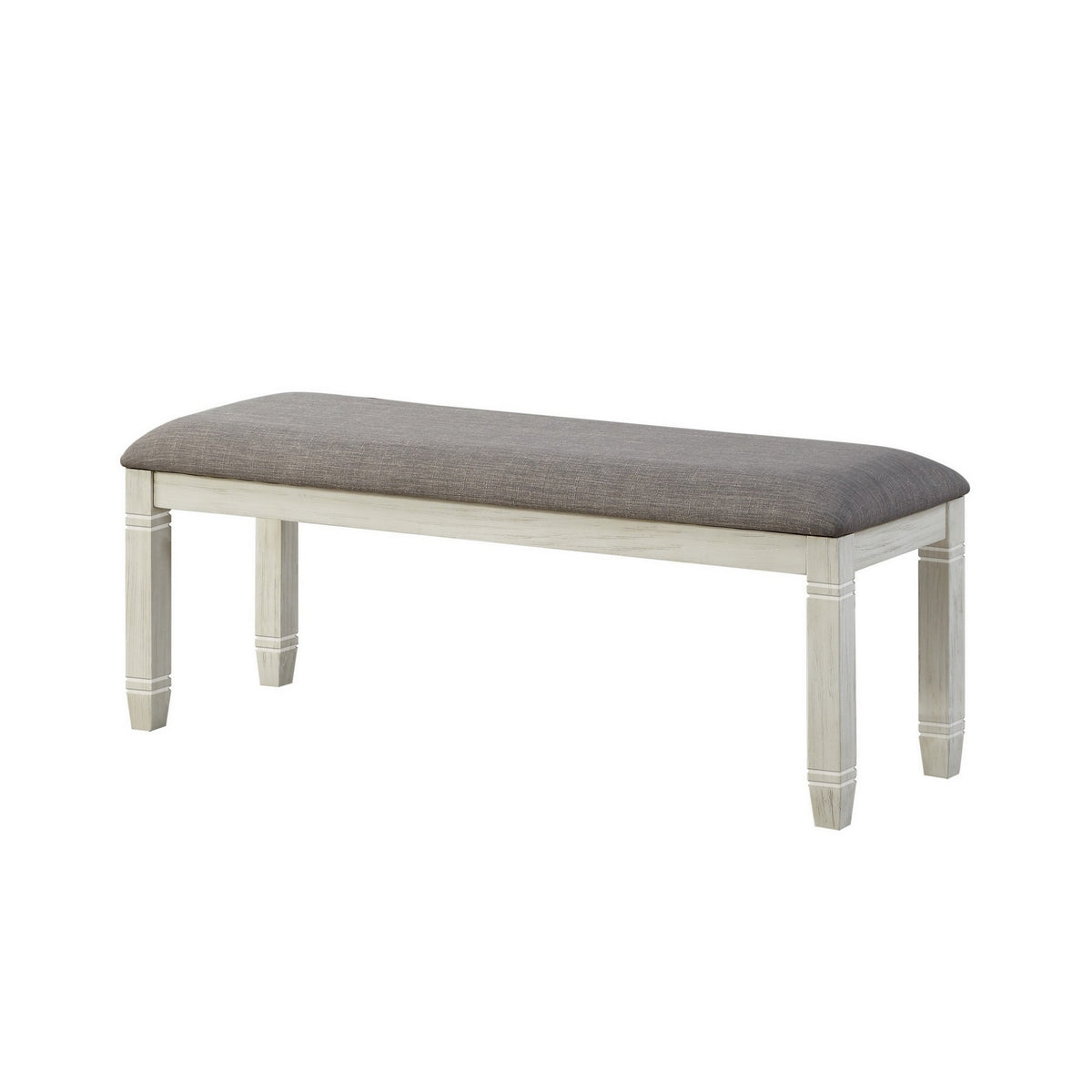 Fabric Upholstered Padded Bench With Tapered Feet, Antique White And Gray