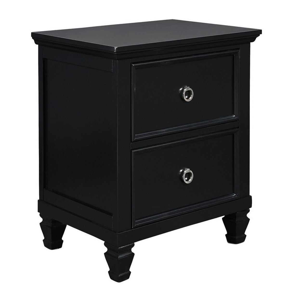 Umi 2 Drawer Wooden Nightstand With Tapered Legs And Metal Rings, Black