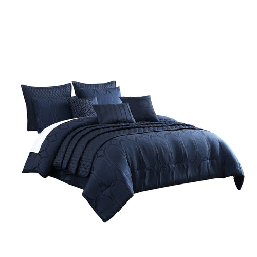 10 Piece Queen Polyester Comforter Set With Geometric Print, Dark Blue