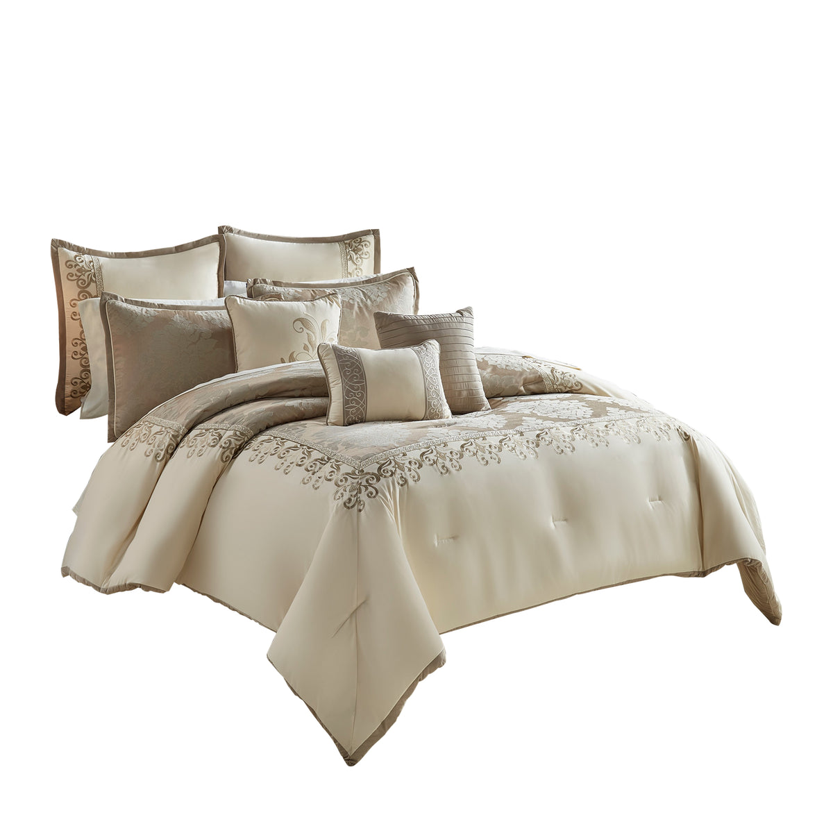 10 Piece King Polyester Comforter Set With Damask Print, Cream And Gold