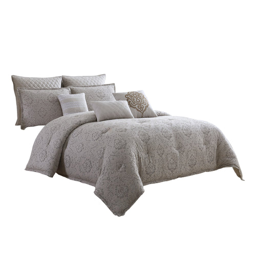 10 Piece King Cotton Comforter Set With Textured Floral Print, Gray