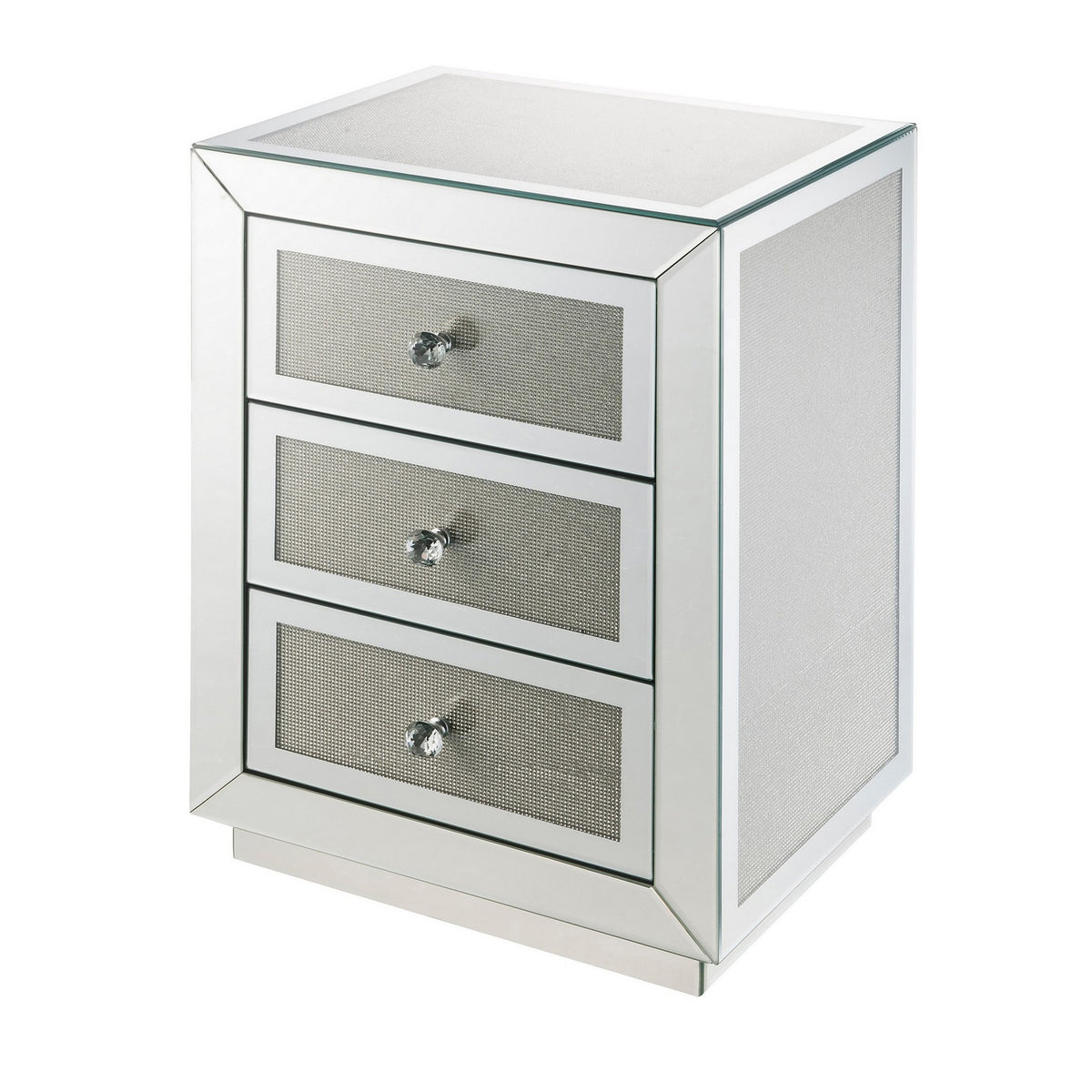 3 Drawer Mirrored Accent Table With Faux Diamond Inlay, Silver