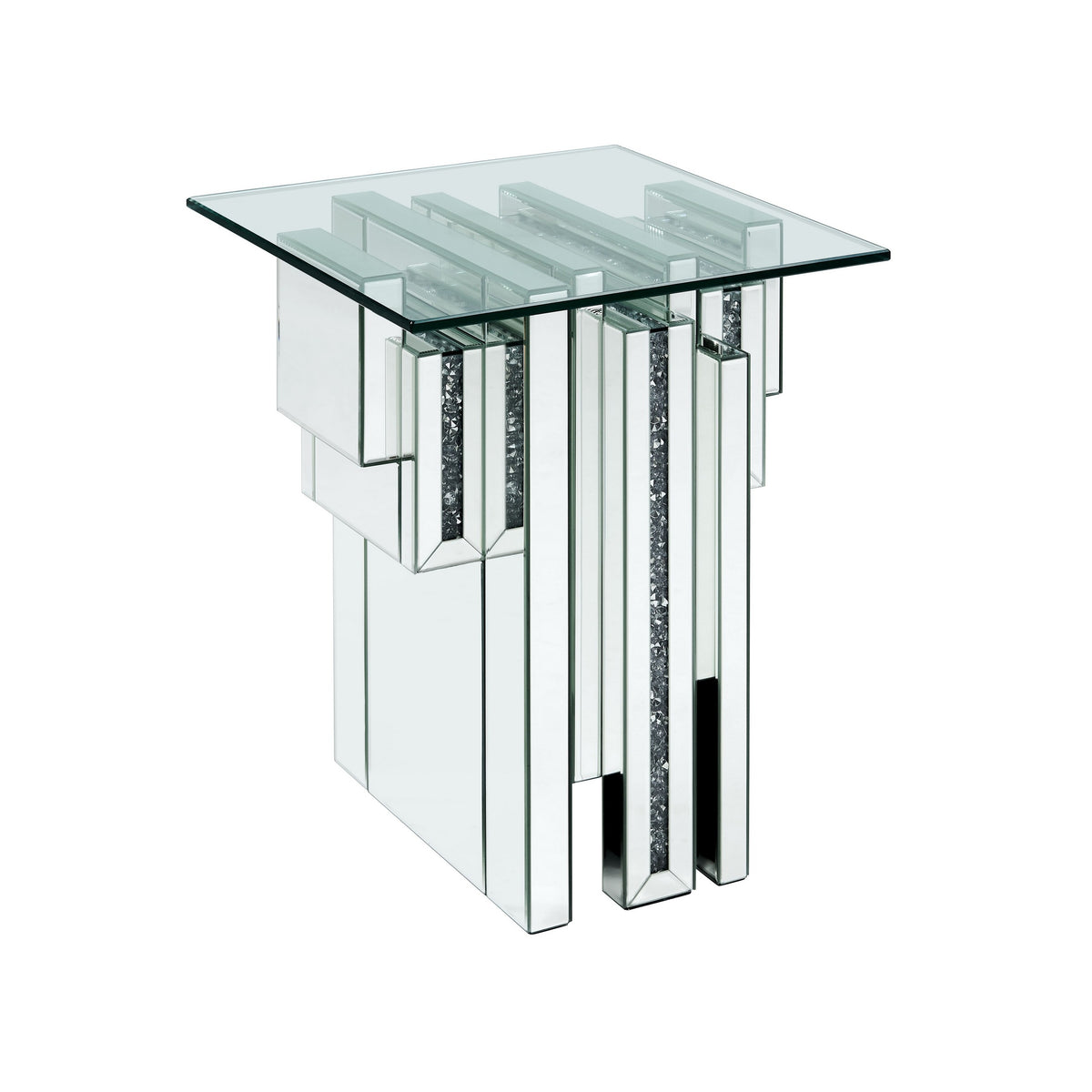 Glass Top End Table With Mirror Panels And Faux Gemstone Accents, Silver