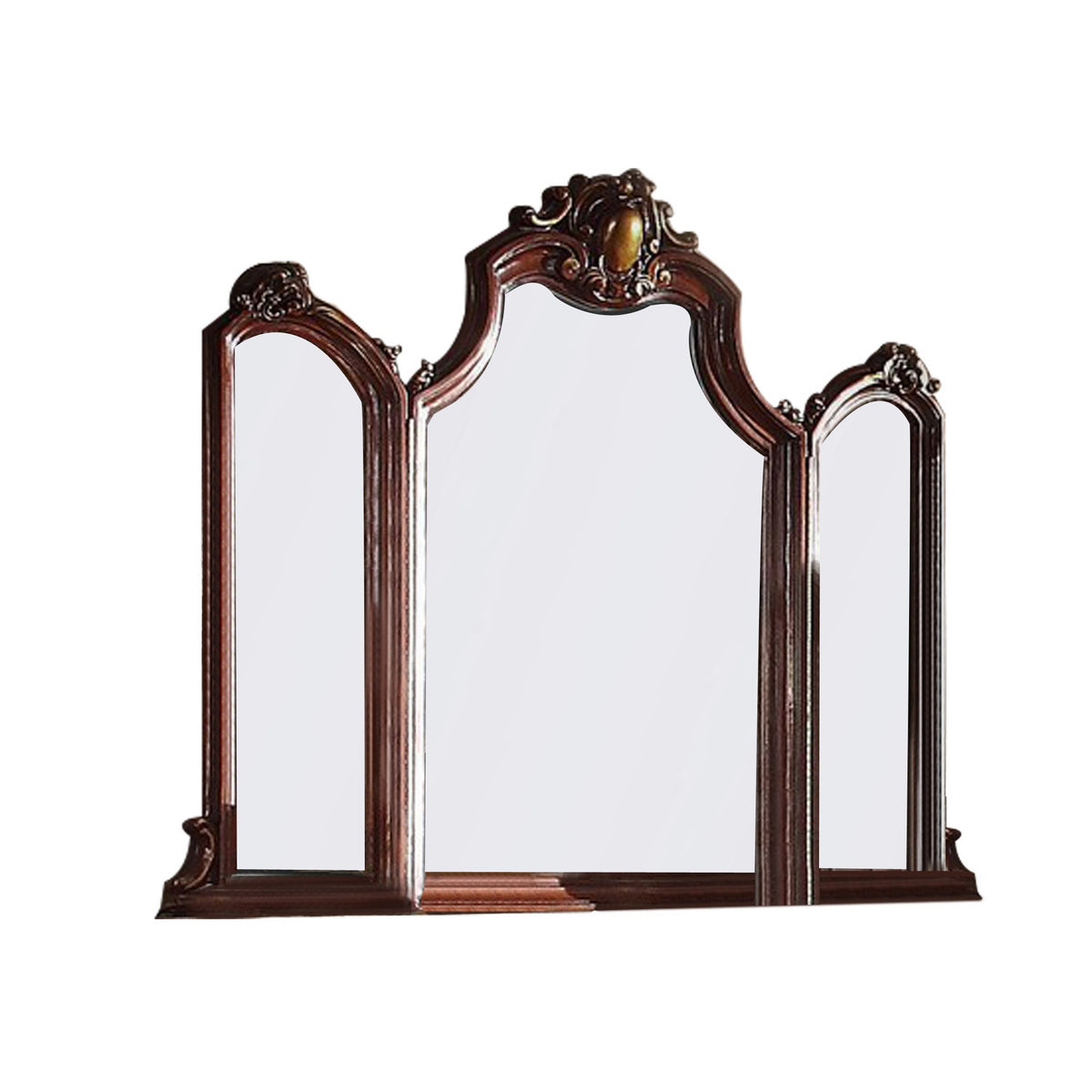 Wooden Frame Mirror With Arched Design And Carved Details, Brown