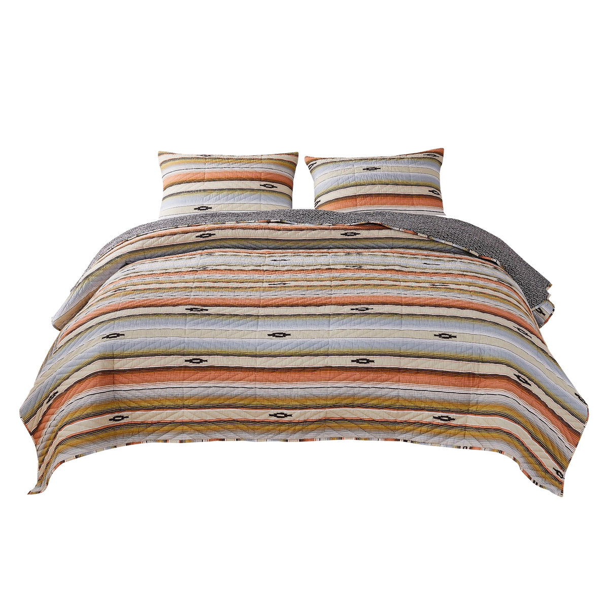 3 Piece Microfiber King Size Quilt Set With Chevron Print, Multicolor