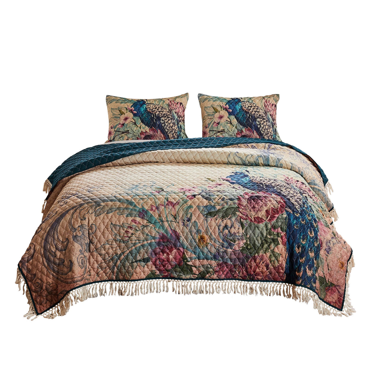 3 Piece Queen Size Quilt Set With Floral Print And Crochet Trim, Multicolor