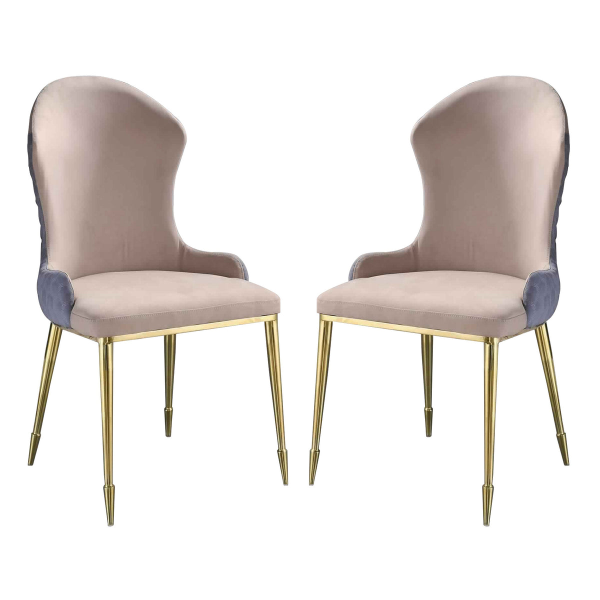 Fabric Upholstered Side Chair With Spindle Legs, Set Of 2, Beige And Gold