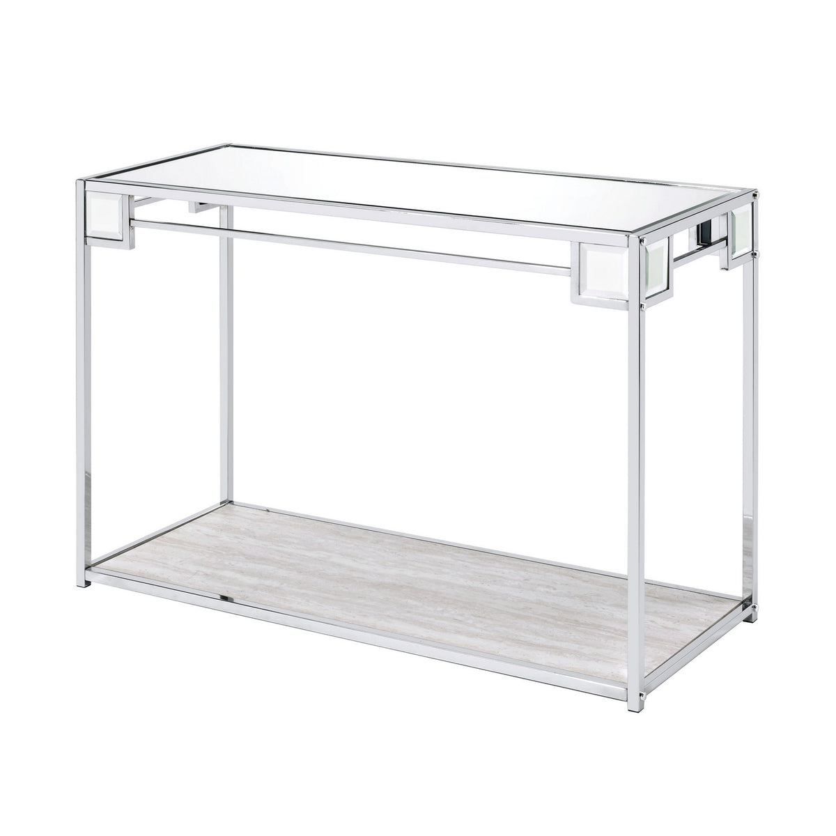 Mirror Top Metal Console Table With Wooden Open Bottom Shelf, Silver