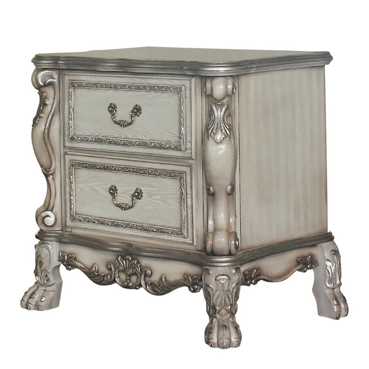 Traditional Wooden Nightstand With 2 Drawers And Carved Details, Silver