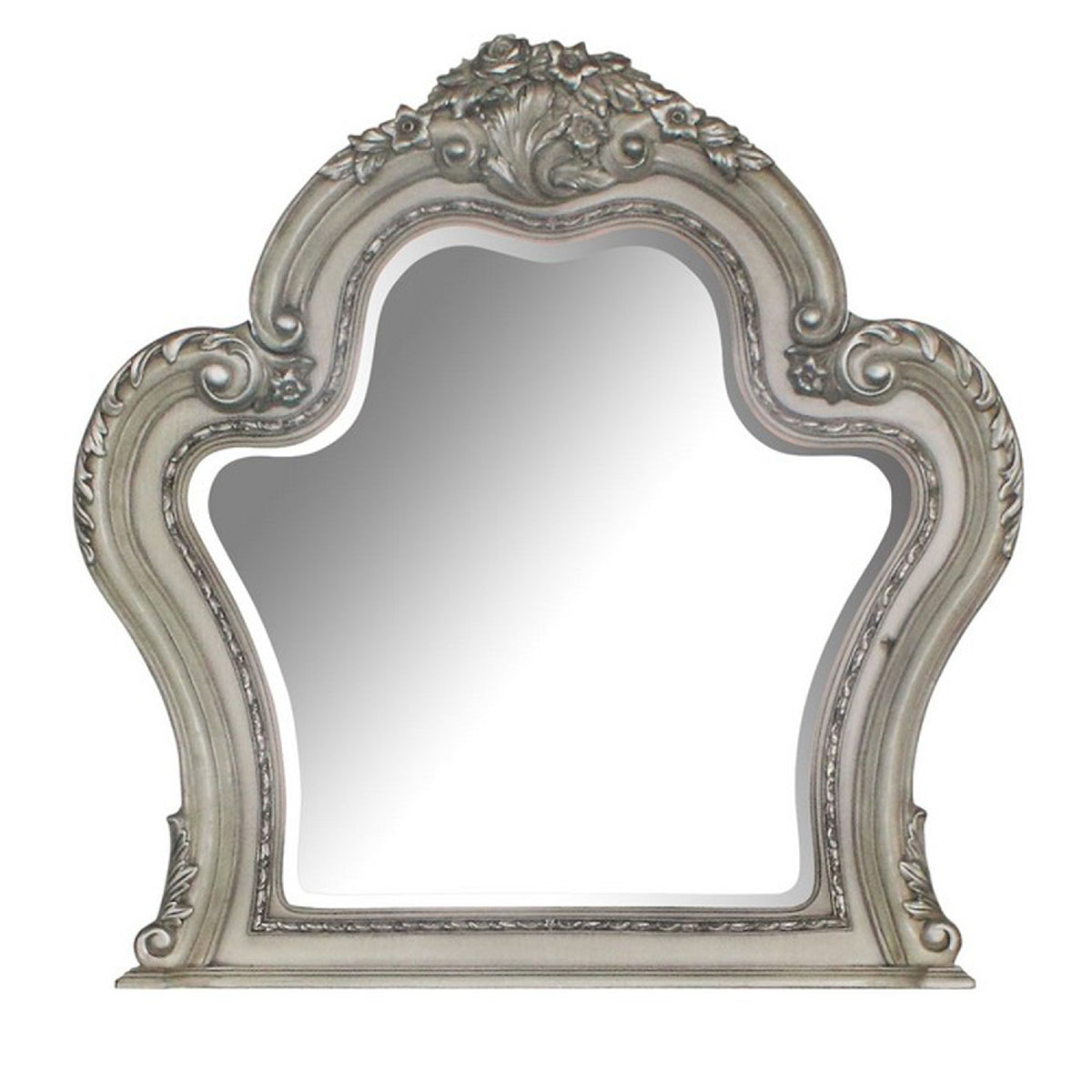 Arch Shape Wooden Frame Wall Mirror With Carved Details, Antique Silver