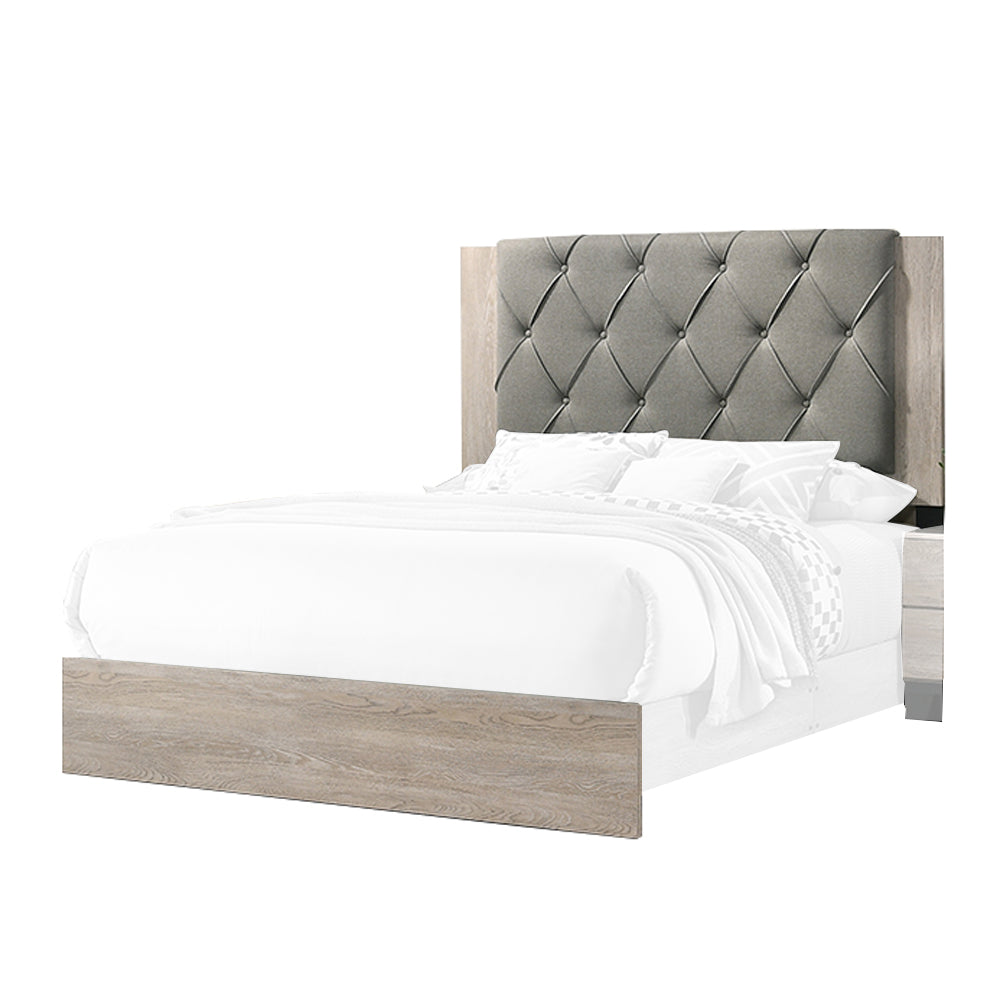 Wooden Queen Bed With Button Tufted Upholstered Headboard, Gray And Cream