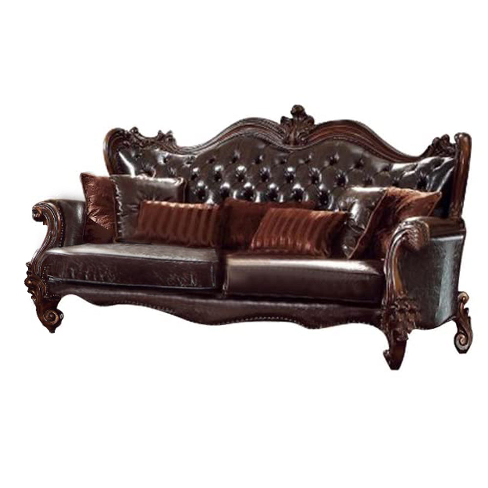 Curved Button Tufted Back Leatherette Sofa With 7 Pillows, Brown