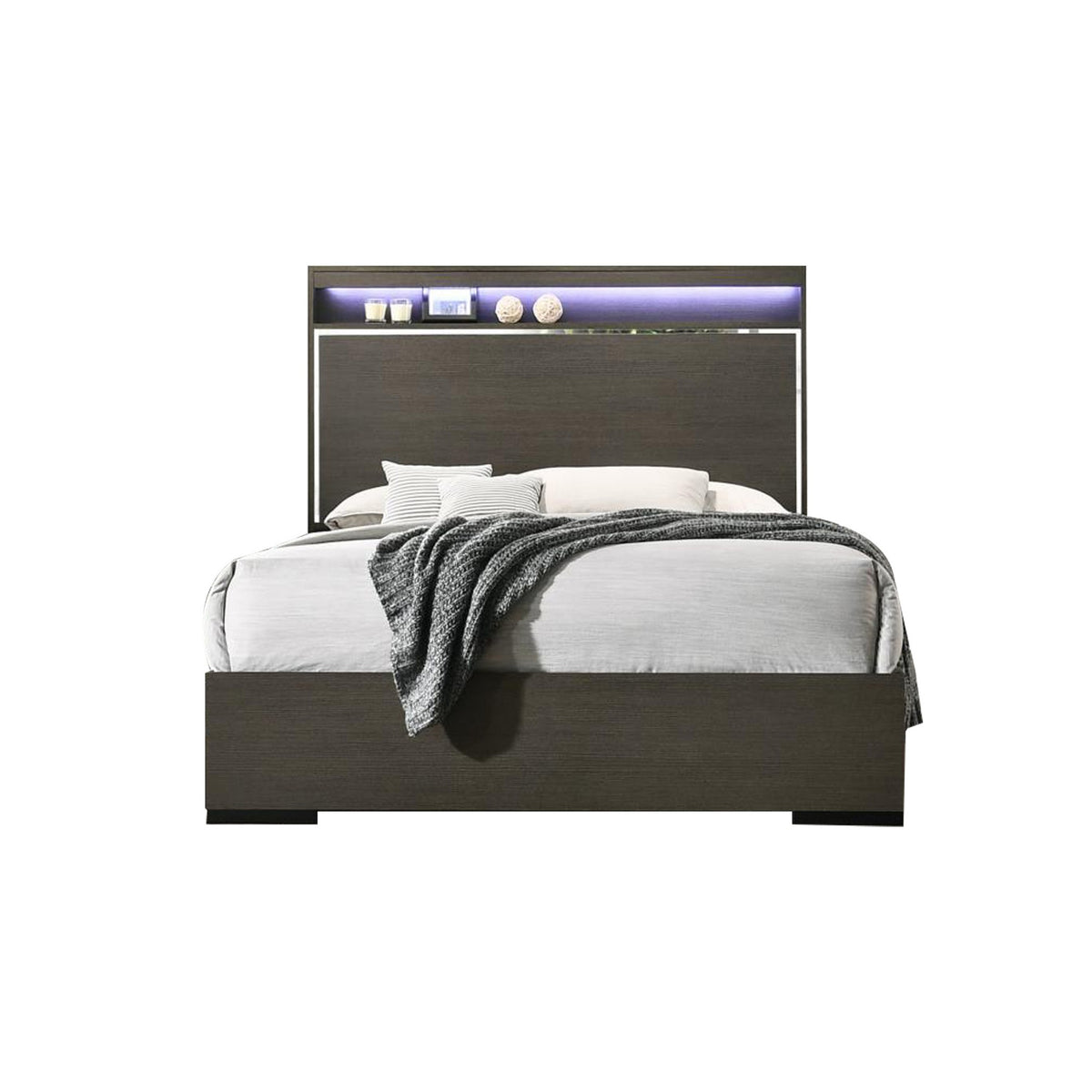 Wooden Eastern King Bed With Led Storage Shelf, Gray