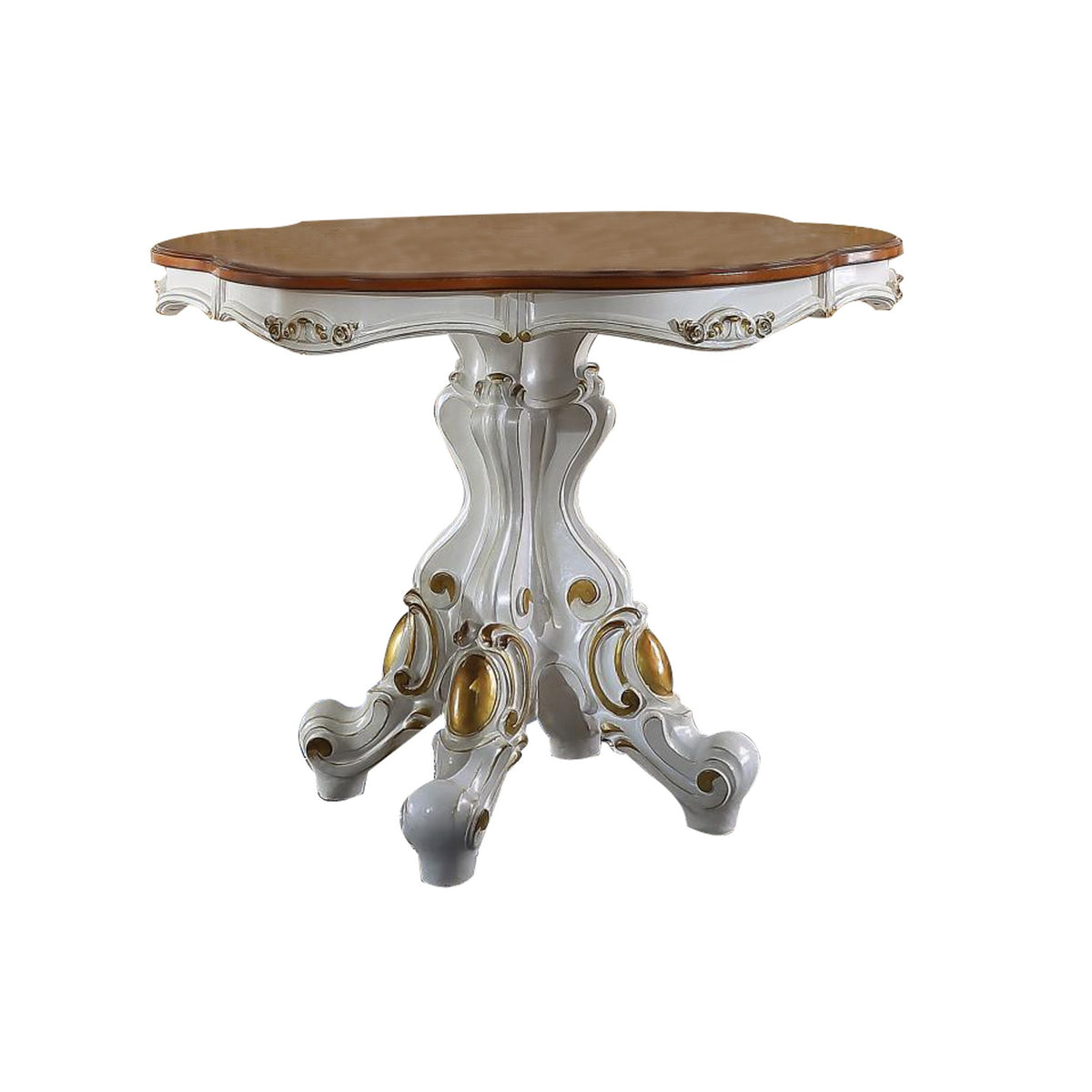 Scalloped Top Counter Table With Scrolled Pedestal Base, White And Brown