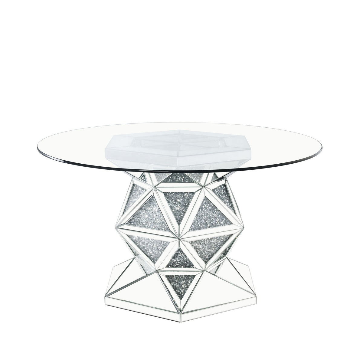 Round Dining Table With Faux Crystals Inlay And Pedestal Base, Silver