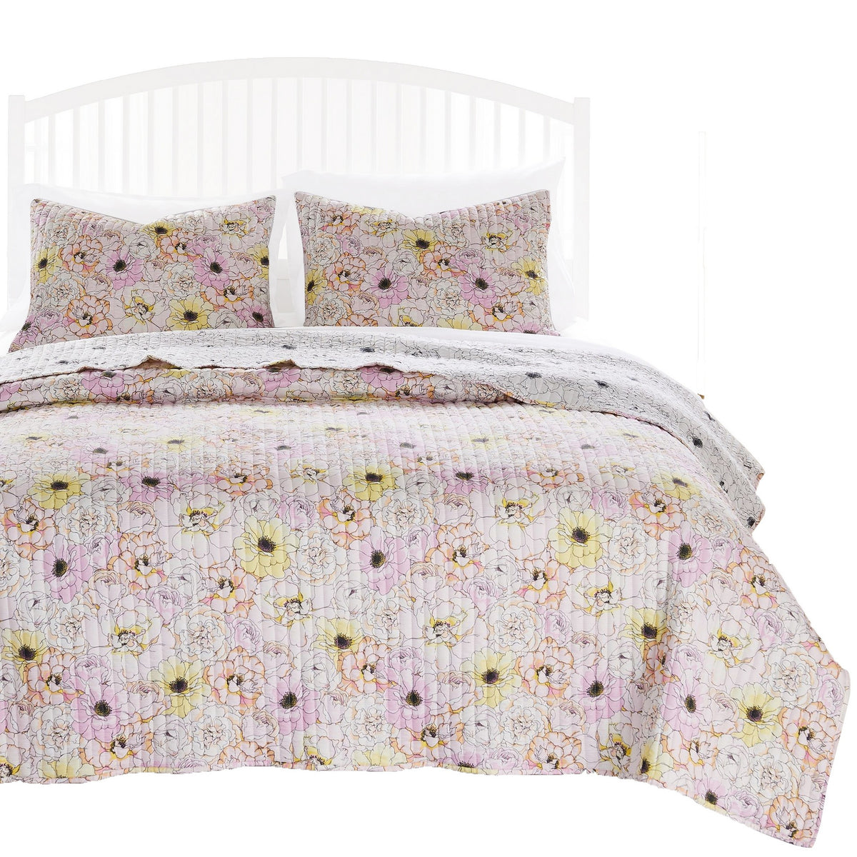 Milan 3 Piece Microfiber Blooming Flower Pattern Queen Quilt Set, White And Pink