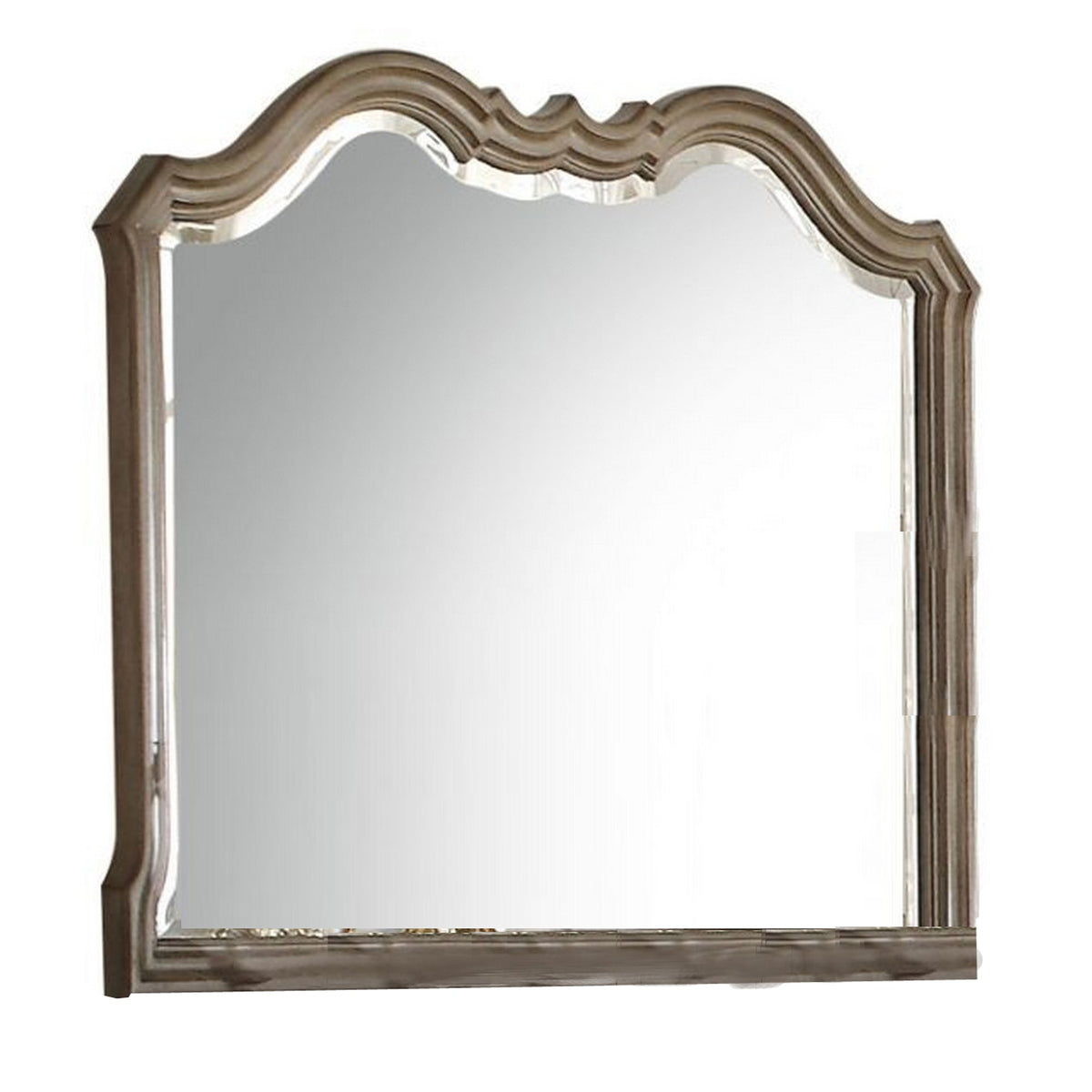 Wooden Molded Frame Mirror With Scalloped Design Top, Taupe Brown