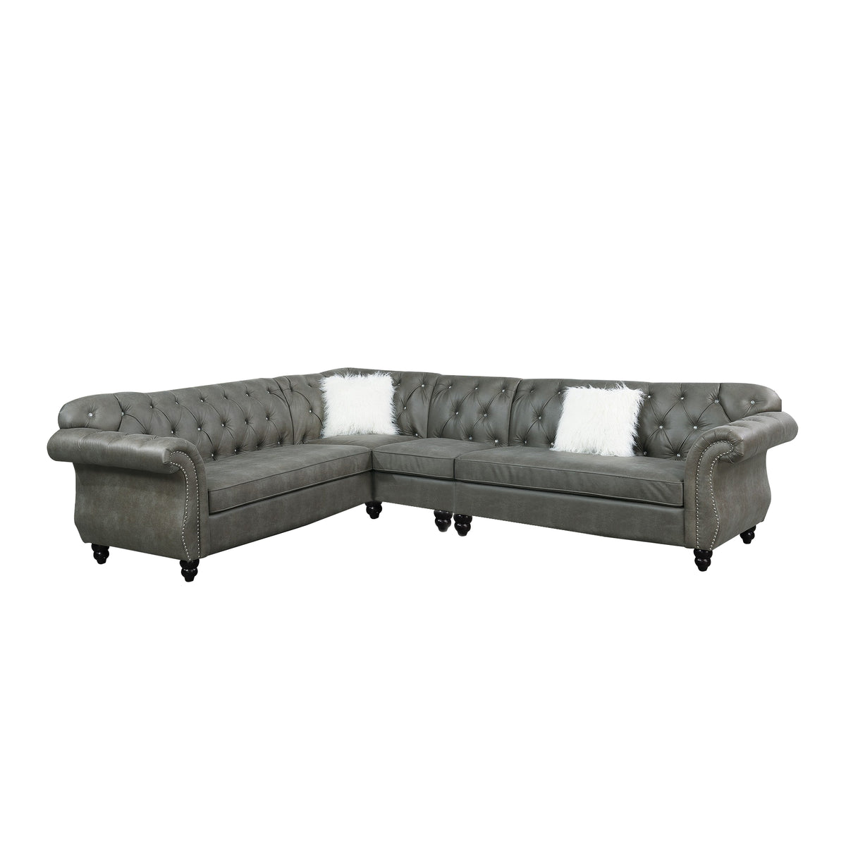Leatherette 4 Piece Sectional With Crystal Tufted Back And Rolled Arm, Gray