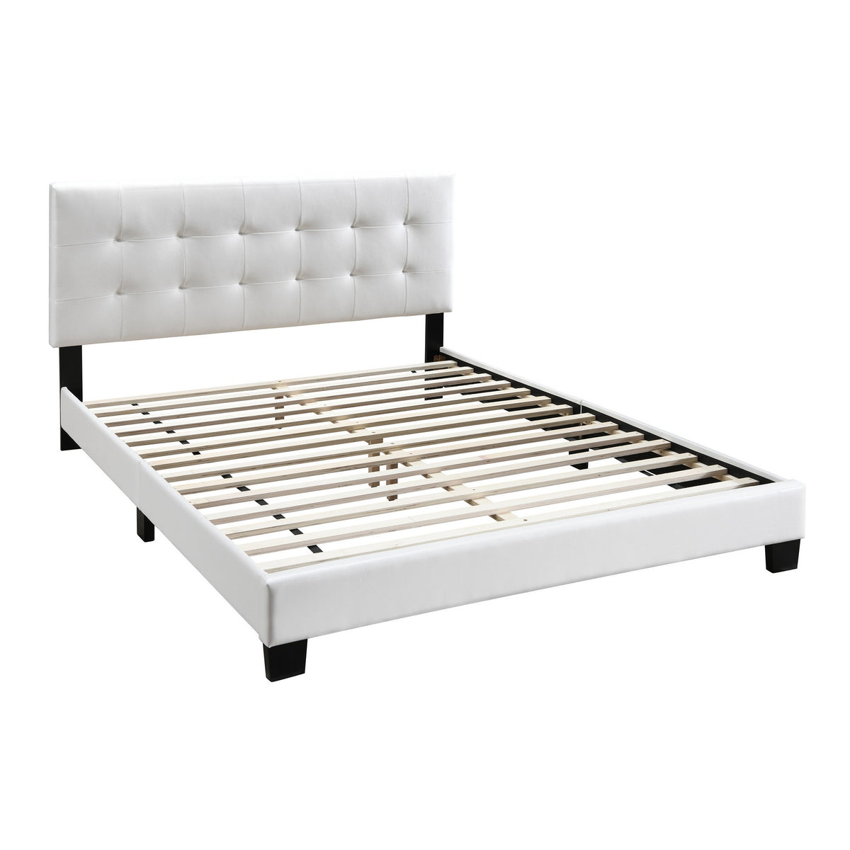 Twin Leatherette Bed With Checkered Tufted Headboard, White