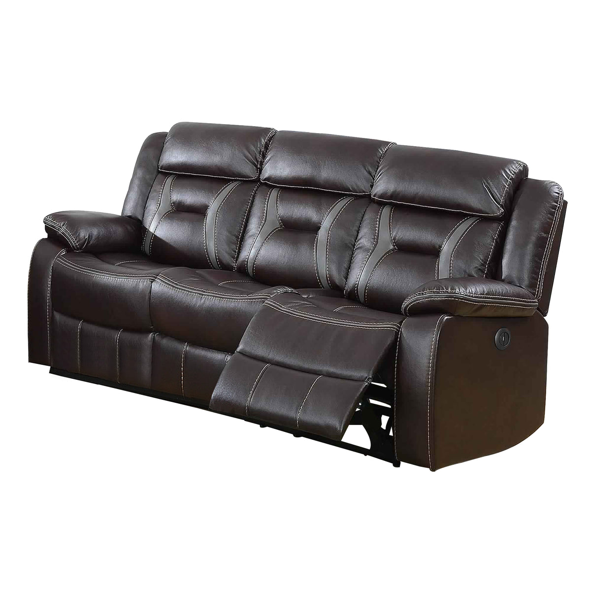 Leatherette Power Motion Sofa With Contrast Stitching, Dark Brown