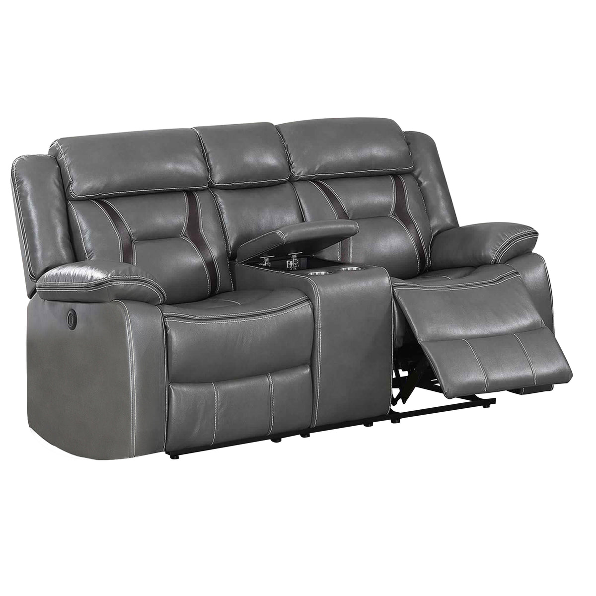 Contrast Stitched Leatherette Power Motion Loveseat With Console, Gray