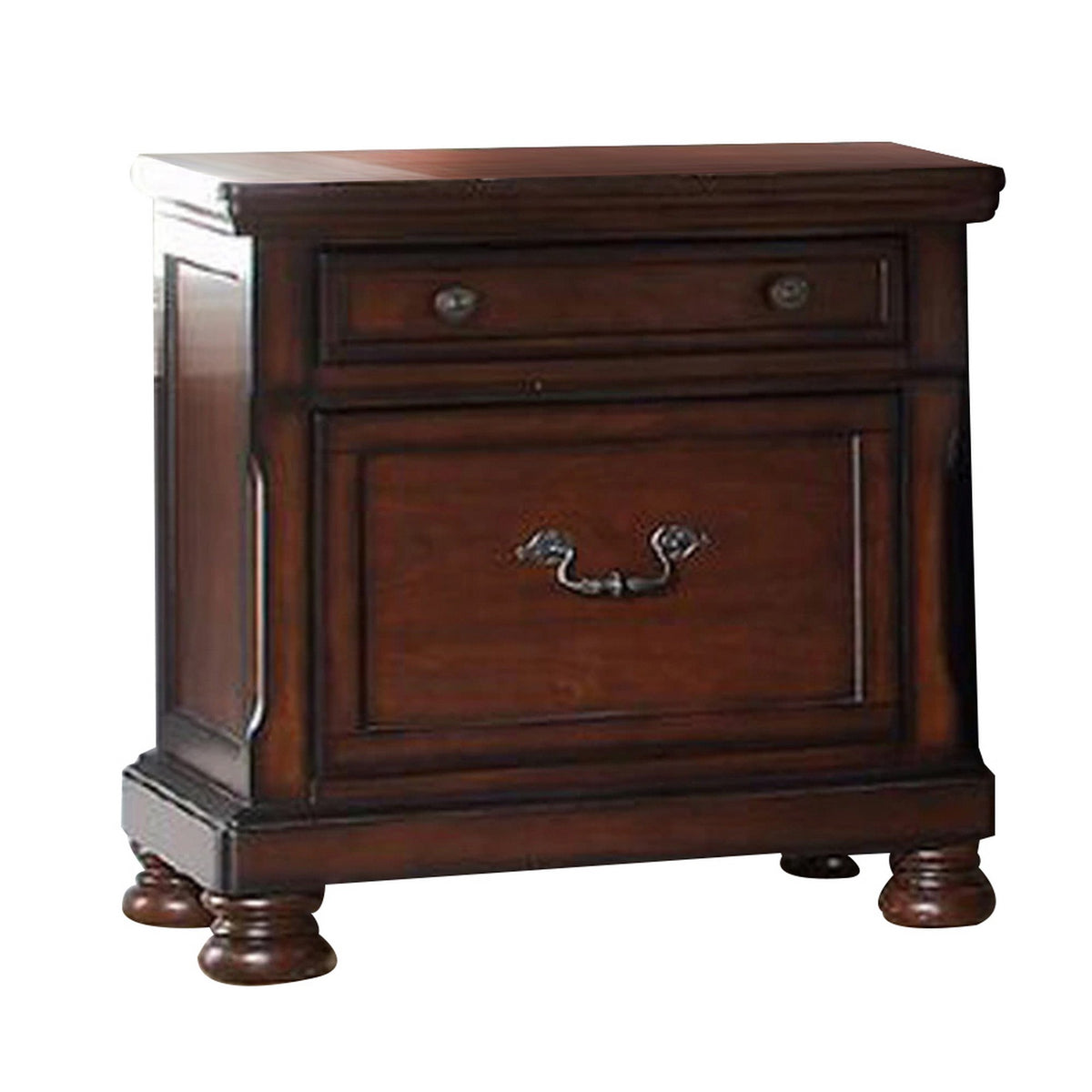 Two Drawers Wooden Nightstand With Bun Feet, Brown