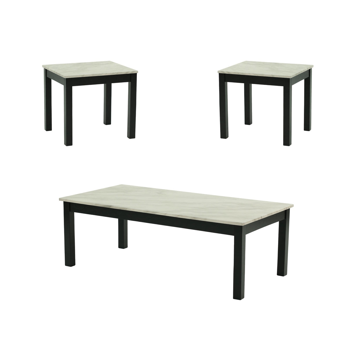 3 Piece Coffee Table And End Table With Faux Marble Top, Black And White